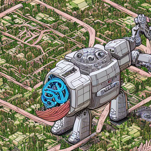 Image similar to hyper detailed comic illustration of a giant half buried robot head being reclaimed by nature , by Josan Gonzalez and Geof Darrow, isometric aerial view, highly detailed, 8k wallpaper