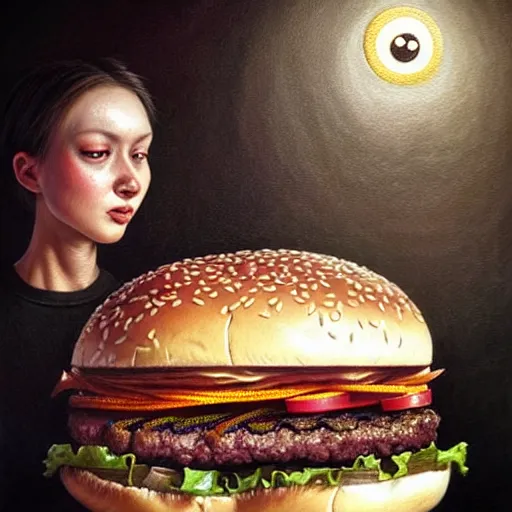 Image similar to a onster with a head like a hamburger, burger with human eyes, burger with human mouth, teeth, very detailed eyes, french fries as arms, character concept art, fantasy, intricate, fantasy drawing, illustration, highly detailed, hyperrealistic, cgsociety, artstation, oil painting by greg rutkowski, by artgerm