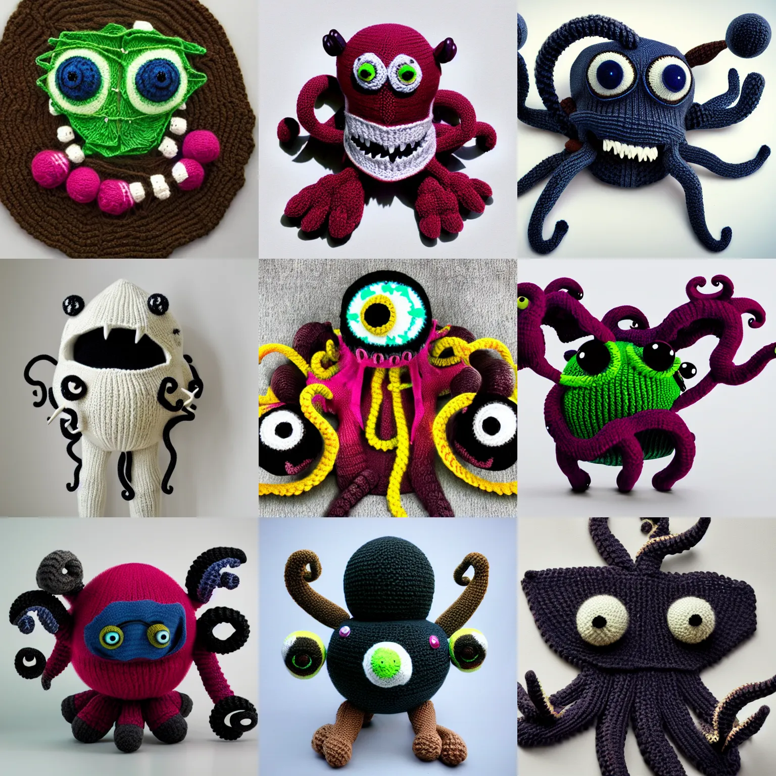 Prompt: knitted ferocious monster with 8 eyes and tentacles on a white background, dark, evil, 4K