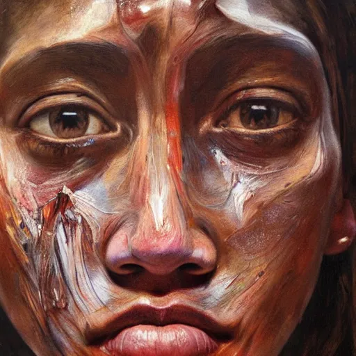 Image similar to high quality high detail painting by jenny saville, hd, a skinny beautiful indigenous woman tribe leader, photorealistic lighting