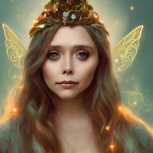 Prompt: elizabeth olsen as the goddess of fairies!!!!!!, golden ratio!!!!!, centered, trending on artstation, 8 k quality, cgsociety contest winner, artstation hd, artstation hq, luminous lighting