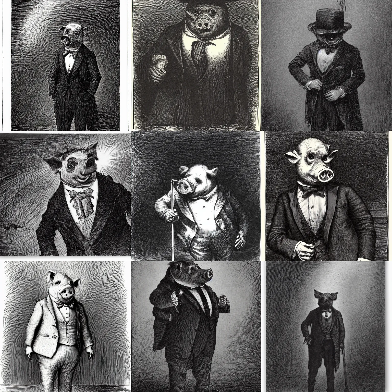 Prompt: a gentleman pig in a tuxedo, creepy, chiaroscuro, illustration by Gustave Doré,