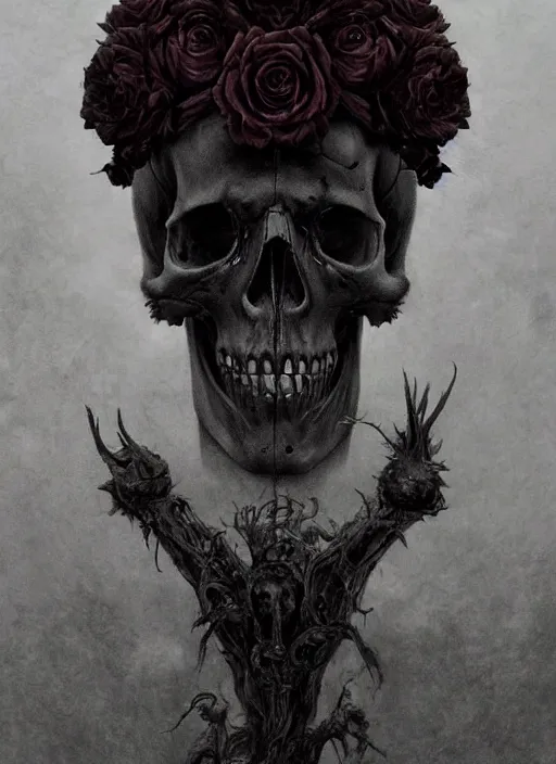 Prompt: skull surrounded by black roses, fog, cinematic shot, denis villeneuve movie still, wayne barlowe concept art, detailed, award - winning, by emil melmoth