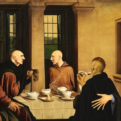 Prompt: Voldemort drinking tea, renaissance painting, daytime, detailed, dark robes, good quality