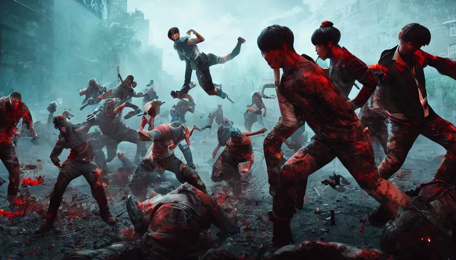 Prompt: full - body action shot of bts as heroes fight a horde of zombies, in the style of k - pop, epic, cinematic, volumetric lighting, symmetry, octane render, artstation, highly - detailed, unreal 5, realism,