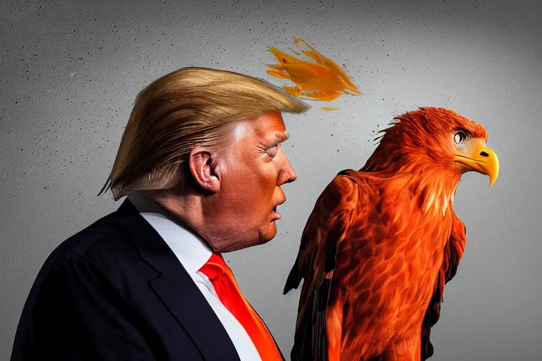 Image similar to Close-up portrait of Donald Trump in jail wearing orange clothes with an American bald eagle attacking him, octane, dramatic lighting, editorial photo, 35mm, very detailed