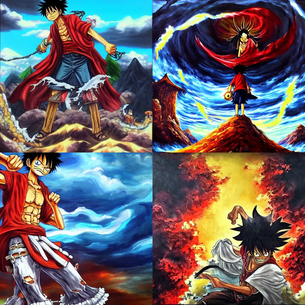 Prompt: Luffy stands in front of Kaido, oil painting, epic scenery