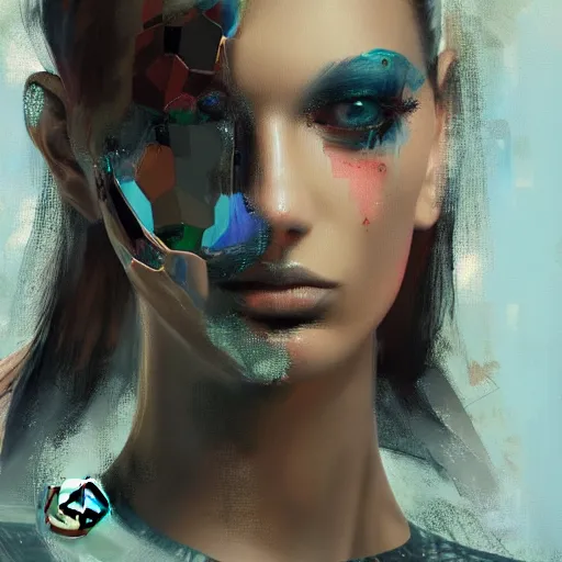 Image similar to artificial intelligence holding a frame with art fashion, gucci catwalk, oil painting, digital art, ultradetailed, artstation