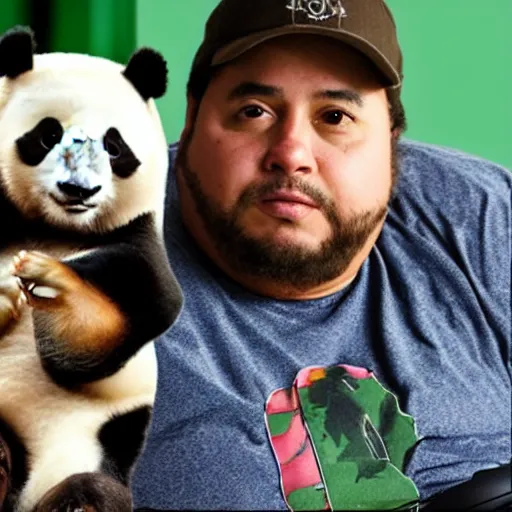 Prompt: puerto rican man playing xbox with a panda