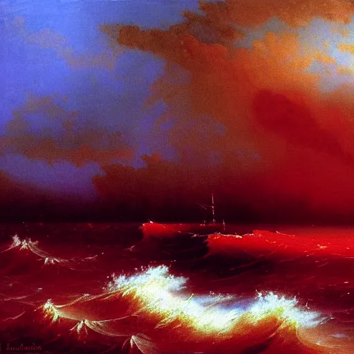 Image similar to bloody ocean, rusted iron ship sinking in red blood ocean, by Ivan Aivazovsky, junji ito, hd 8k