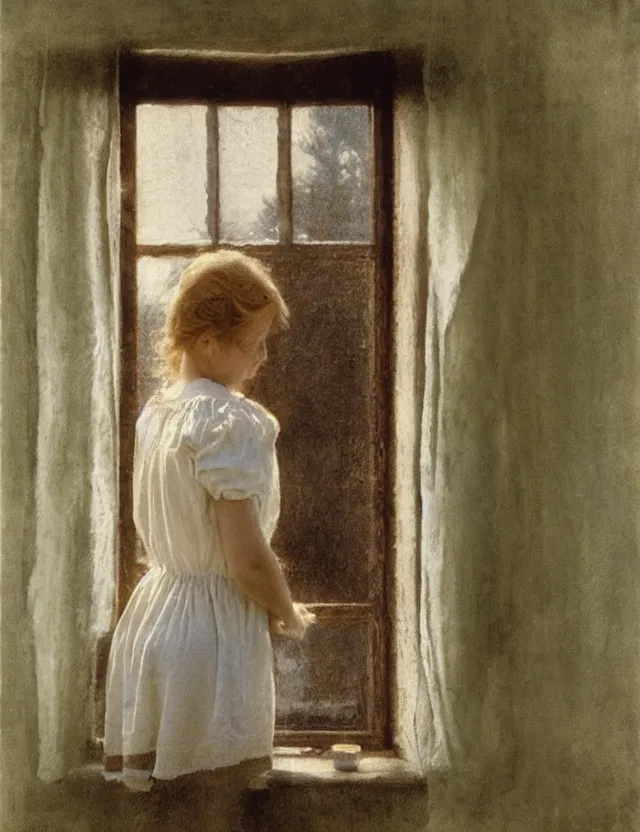 Image similar to peasant girl in a morning in country house looking in a window, cottage core, polaroid photo bleached vintage pastel colors high - key lighting, soft lights, foggy, by steve hanks, by lisa yuskavage, by serov valentin, by tarkovsky, detailed, oil on canvas