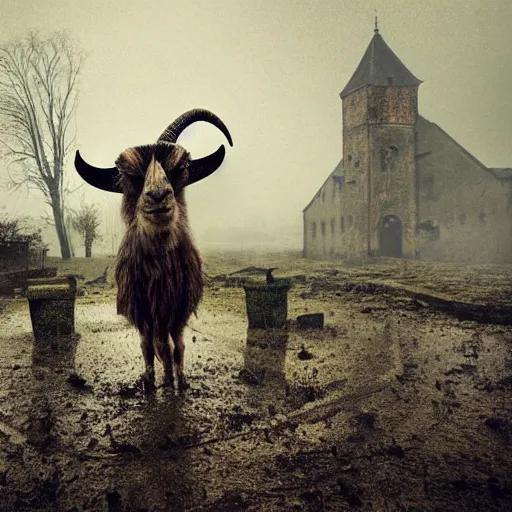 Prompt: horror, moody, still from film, daytime, muddy village square, wide shot, screeching mutant goat monster, powerful and huge, creeping on legs with hands, mouth crammed full of filthy jagged teeth, matted brown fur, in muddy medieval village square