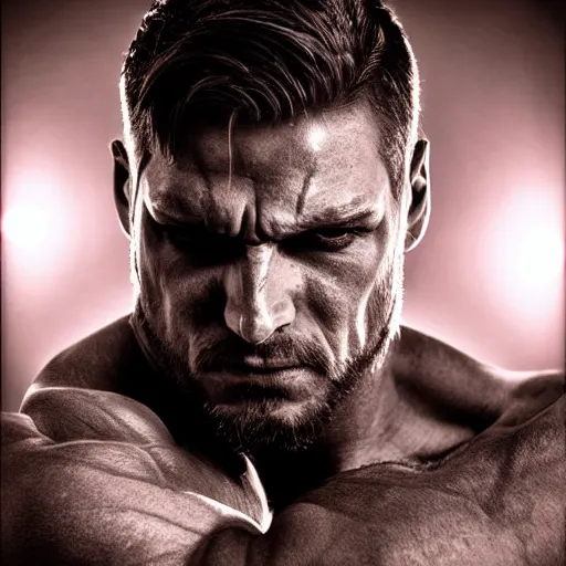 Image similar to handsome portrait of a spartan guy bodybuilder posing, radiant light, caustics, war hero, metal gear solid