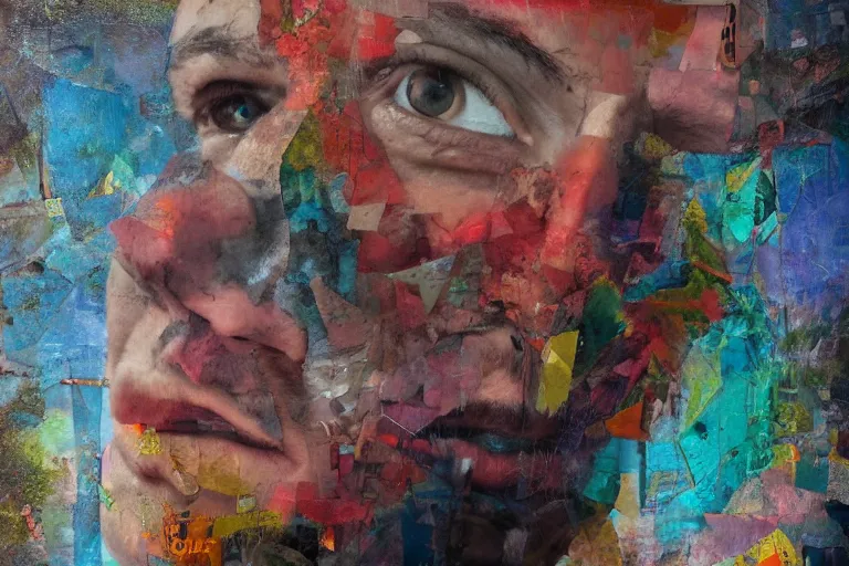 Prompt: portrait of a man standing inside a dream by lina iris viktor, oil painting, decollage 4 k