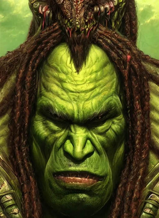 Prompt: portrait of orc thrall, warchief of the horde. large lower canines, black braids, green skin, strong, fantasy digital art by eugene de blaas, ross tran, and nasreddine dinet, vibrant color scheme, intricately detailed, in the style of romanticism, cinematic, artstation, greg rutkowski