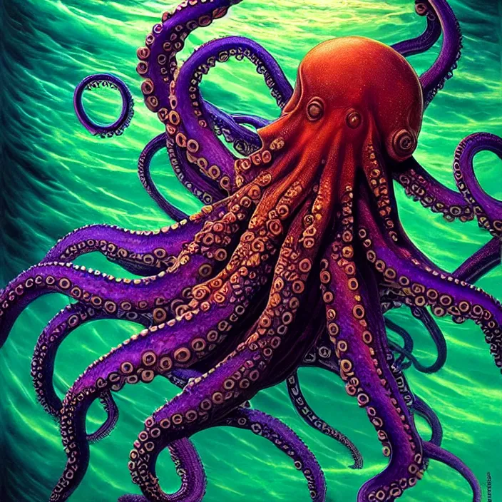 Image similar to depicting an octopus wrapping its tentacles around an ocean liner, in the style of h. p. lovecraft, exuberant organic elegant forms, by karol bak and filip hodas : : 1. 4 purple, red, blue, green, black intricate mandala explosions : : intuit art : : turbulent water backdrop : : damask wallpaper : : atmospheric