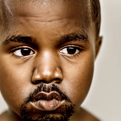 Image similar to the face of kanye west at 1 0 years old, portrait by julia cameron, chiaroscuro lighting, shallow depth of field, 8 0 mm, f 1. 8