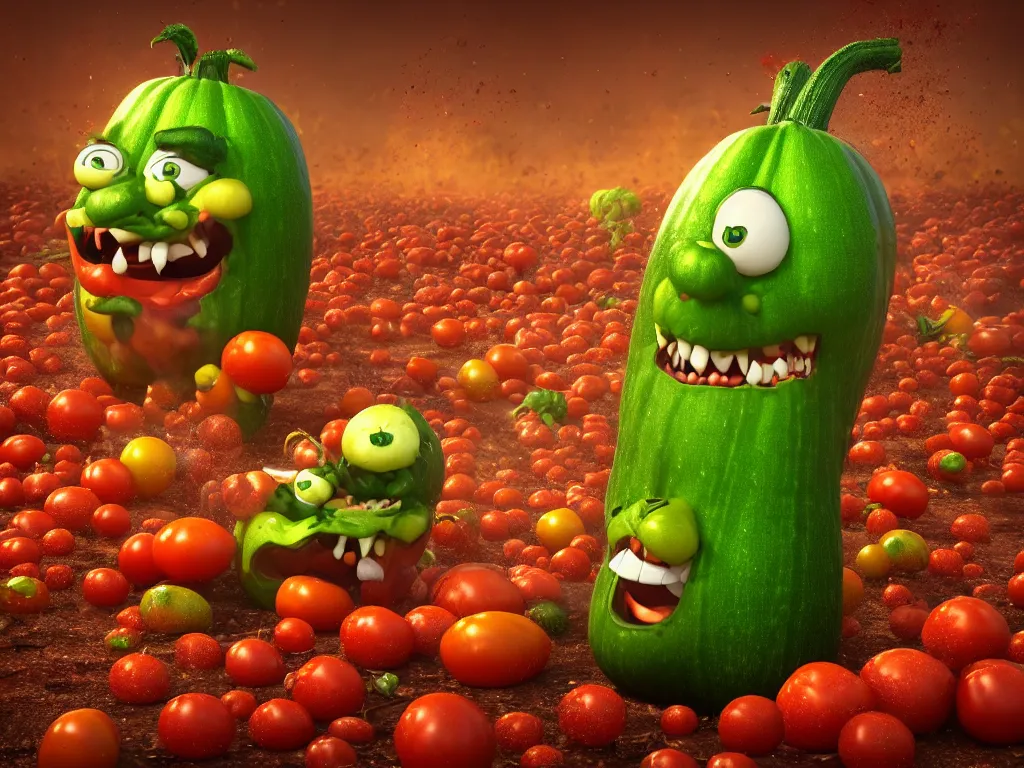 Prompt: highly detailed 3 d render of a raging mad angry zucchini character, dirt road, scared tomates scattered everywhere, high speed action, explosions, dramatic scene, hyper realistic octane render, cinematic lighting, tomato splatter, deviantart, black sky, lowbrow, surrealism, pixar still, mayhem