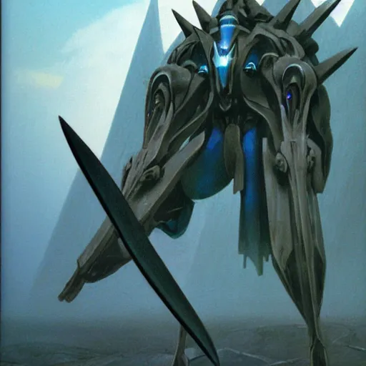 Prompt: concept art of omegamon, sword for lift arm and a cannon for right arm, fantasy, valley, heavy fog, wayne barlowe and zdzislaw beksinski