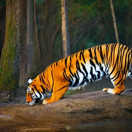 Prompt: beautiful tiger drinking from a pod, natural light, 85mm by Emmanuel Lubezki