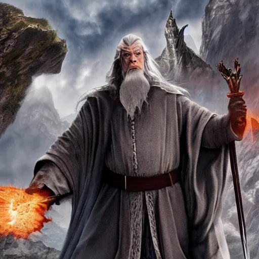 Image similar to Selfie taken by an overconfident Gandalf the Grey on the Bridge of Khazad Dum, a balrog looming in the background,