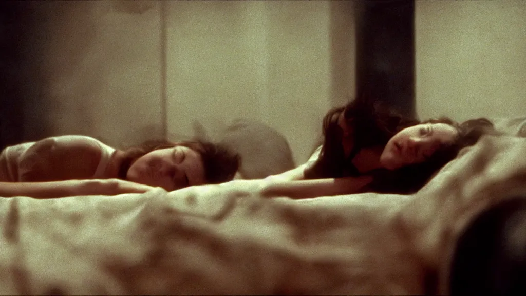 Image similar to movie still of girl having sleep paralysis, cinematic composition, cinematic light, criterion collection, by david lynch and ridley scott