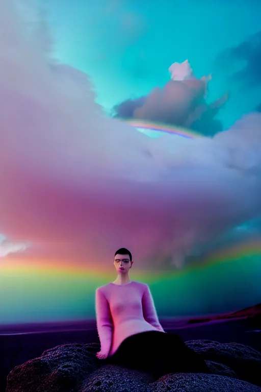 Image similar to high quality pastel coloured film close up wide angle photograph of a model wearing clothing resting on cloud furniture in a icelandic black rock!! environment in a partially haze filled dreamstate world. three point light, rainbow. photographic production. art directed. pastel colours. volumetric clouds. pastel gradient overlay. waves glitch artefacts. extreme facial clarity. 8 k. filmic.