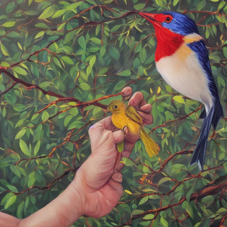 Image similar to a beautiful painting of a bird in hand is worth two in the bush, highly detailed, 8 k resolution, by elizabeth gould