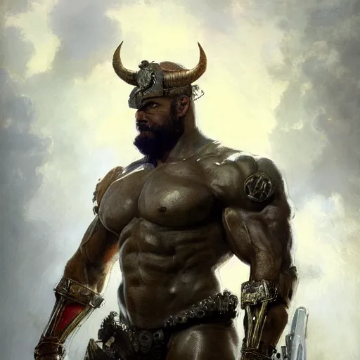 Image similar to handsome portrait of a spartan guy bodybuilder posing, radiant light, caustics, war hero, thick boots, metal gear solid, steel bull run, by gaston bussiere, bayard wu, greg rutkowski, giger, maxim verehin