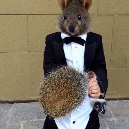 Image similar to a quokka wearing a tuxedo