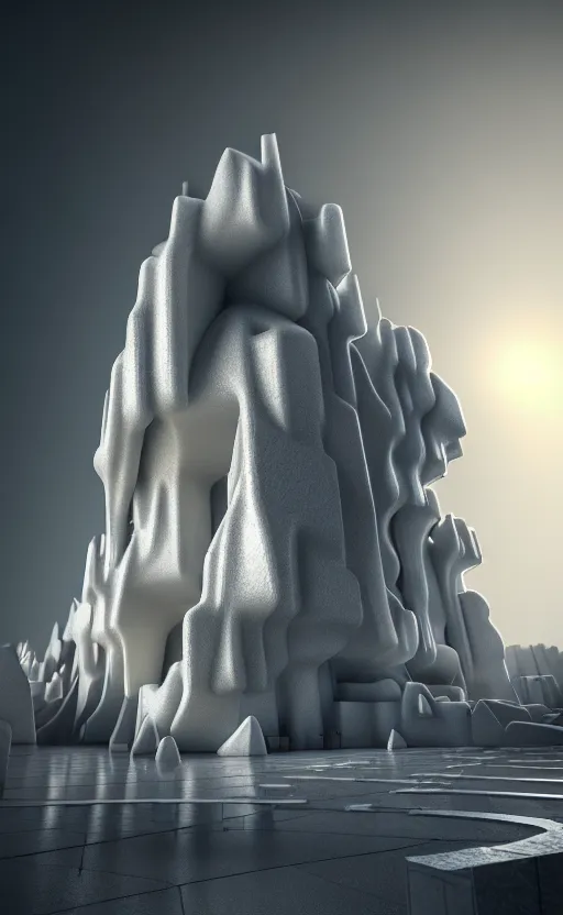 Image similar to highly detailed 3 d render cinematic composition of a white fluid fractal sci - fi surreal architecture landscape, stone, magnesium, archviz, vincent callebaut composition, mamou - mani, beautiful lighting, hyper detailed, 8 k, unreal engine, hdr, dof