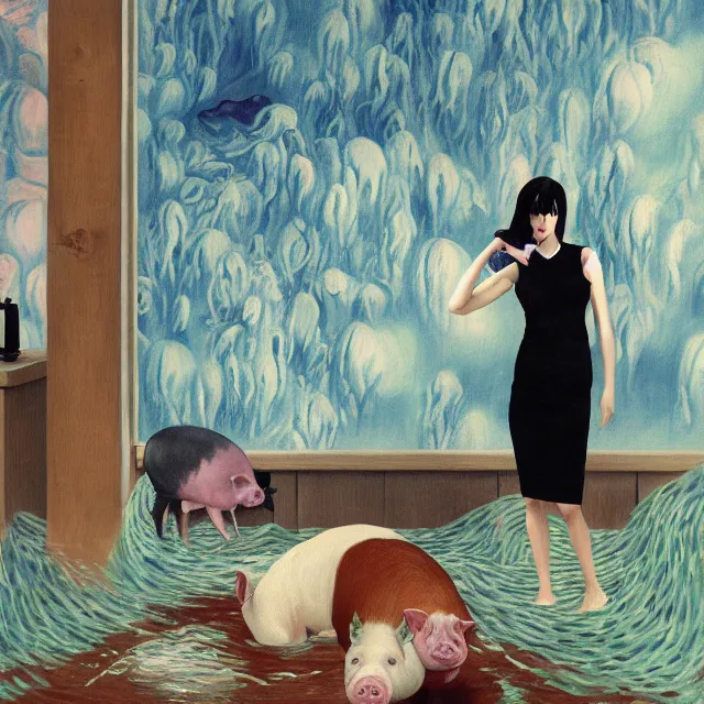 Image similar to tall female emo artist holding a pig in a flooded cafe, octopus, water gushing from ceiling, painting of flood waters inside a cafe, a river flooding indoors, pomegranates, pigs, ikebana, water, octopus, river, rapids, waterfall, black swans, canoe, berries, acrylic on canvas, surrealist, by magritte and monet