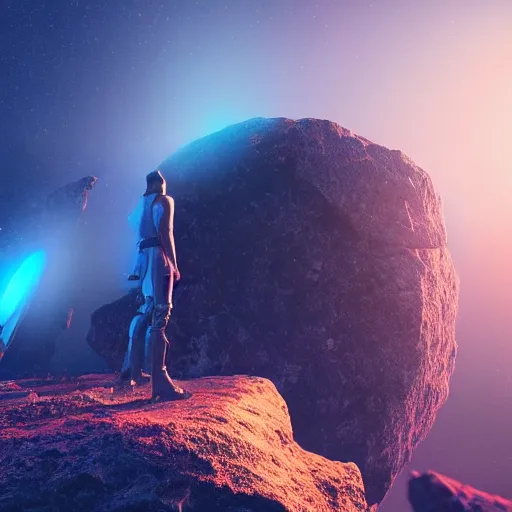 Image similar to sword standing on a glowing rock, distant planet in background, fog, glow, sharp, 4 k, lens flare, highly detailed digital art, trending on artstation