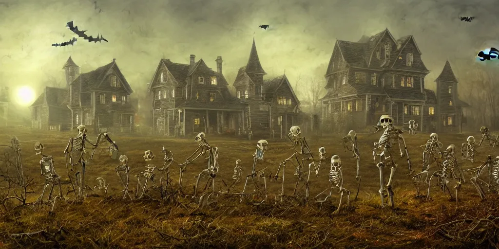 Image similar to a halloween landscape with few skeletons two ghosts and one witch around in november, by Ernest deutsch + Ted Nasmith, cinematic lighting, masterpiece, highly detailed, 8k resolution, trending on art station