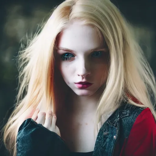 Image similar to photoshoot portrait of a teen emo girl, blonde and red hair, flawless features, pale skin, beautiful beautiful beautiful secret selfie, tyftt, prime