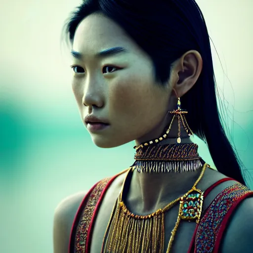 Image similar to portrait of a stunningly beautiful asian tribal female, depth of field, zeiss lens, detailed, symmetrical, centered, fashion photoshoot, by annie leibovitz and steve mccurry, david lazar, jimmy nelsson, breathtaking, 8 k resolution, extremely detailed, beautiful, establishing shot, artistic, hyperrealistic, beautiful face, octane render