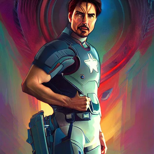 Image similar to Tom Cruise playing Tony Stark, ambient lighting, 4k, alphonse mucha, lois van baarle, ilya kuvshinov, rossdraws, artstation