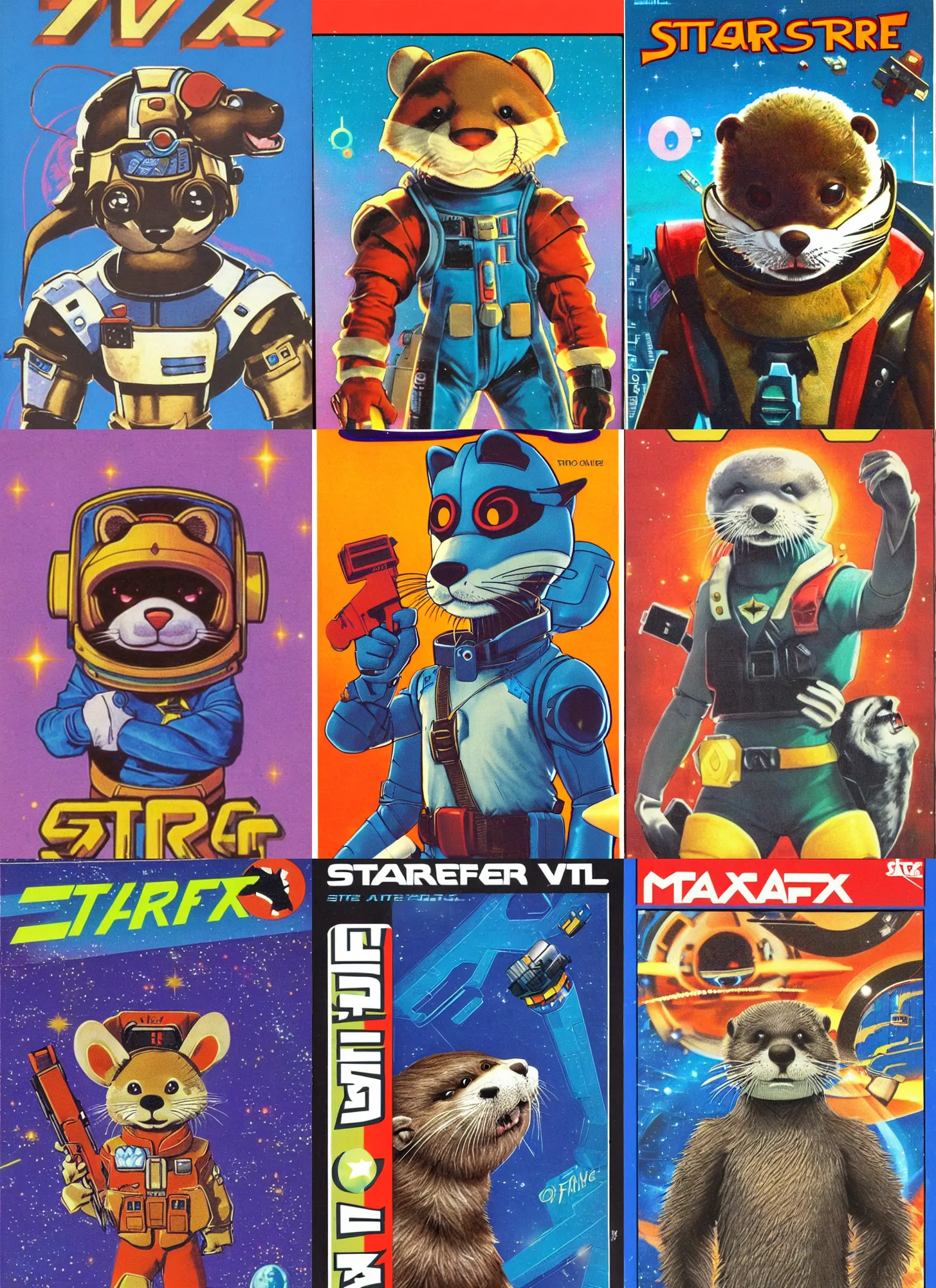 Prompt: 1 9 8 0 s video game art portrait of anthropomorphic otter from starfox fursona furry otter in a space mercenary uniform, looking heroic, magazine scan, 8 0 s game box art