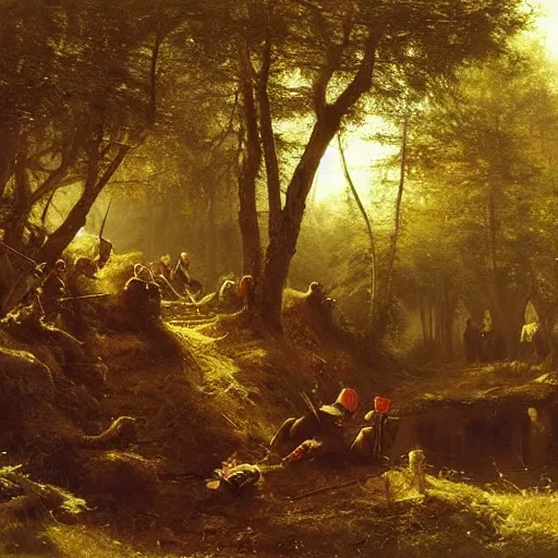 Image similar to a small group of medieval european knights are resting at a small clearing a dark wood along a small stream, highly detailed, digital painting, sharp focus, by alber bierstadt greg rutkowski