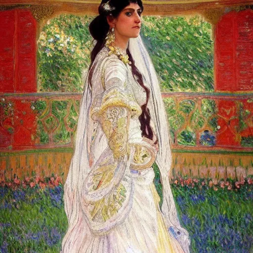 Image similar to full body portrait of a beautiful Kurdish bride wearing a beautiful wedding dress, very detailed eyes, hyperrealistic, beautiful and symmetrical face, very detailed painting by Claude Monet and Alphonse Mucha, ornate, trending on artstation, extremely high detail, incredibly intricate