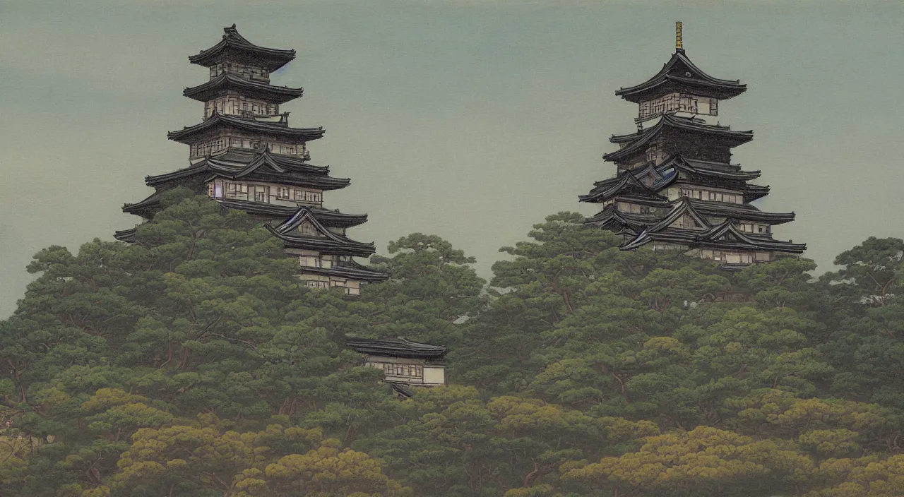 Image similar to a landscape painting of a Japanese castle