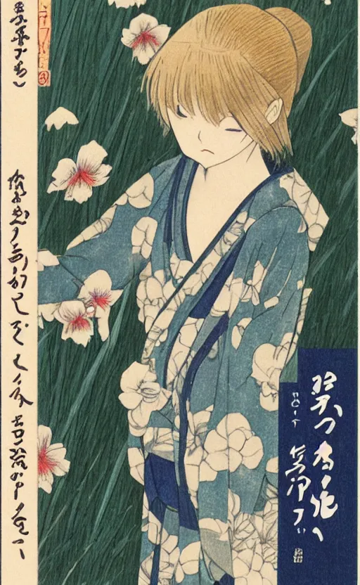 Prompt: by akio watanabe, manga art, a blond girl is looking at wooden lake bridge and iris flowers, trading card front, kimono, realistic anatomy