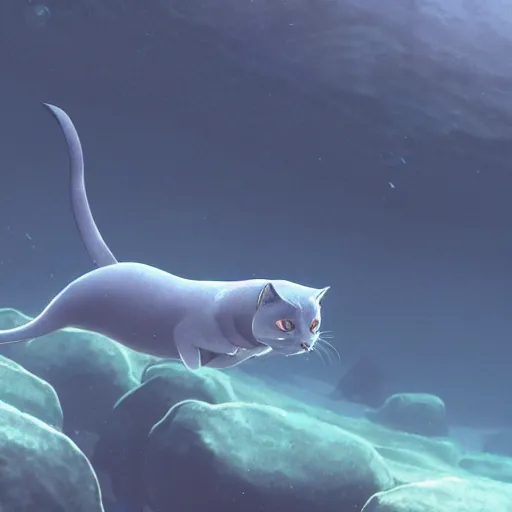 Image similar to a slender grey cat underwater swimming upwards. Depressing, dark, empty water, close up. Digital illustration, soft lighting, adventurous, atmospheric lighting, 8K, octane render. By Makoto Shinkai, Stanley Artgerm Lau, WLOP, Rossdraws, James Jean, Andrei Riabovitchev, Marc Simonetti, krenz cushart, Sakimichan, warrior cats fan art D&D trending on ArtStation, digital art.