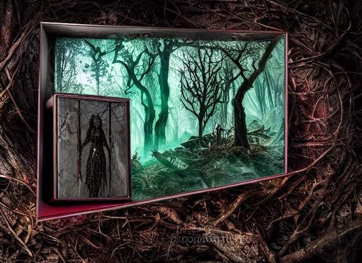 Image similar to photo of a crystal box with horrors inside in the forest. Fantasy horror style. Highly detailed 8k. Intricate. Nikon d850 55mm. Award winning photography.