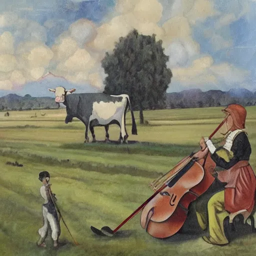 Image similar to painting of a big cow with a long curved neck playing violin in a medivial styled field with three peasants spitting on it's face