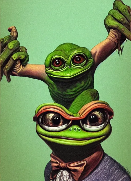 Prompt: portrait of Pepe the Frog, highly detailed, centered, solid color background, digital painting, artstation, concept art, smooth, sharp focus, vintage grainy 1970s illustration, Basil Gogos, donato giancola, Joseph Christian Leyendecker, Les Edwards, Ed Repka, Wayne Barlowe,