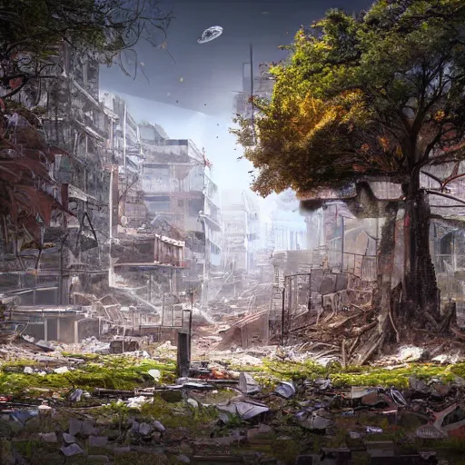 Prompt: A post-apocalyptic city swept by disaster, tall destroyed buildings with plants, an enormous cherry tree blossoming in the middle, biopunk, realistic, digital art, lens flare,