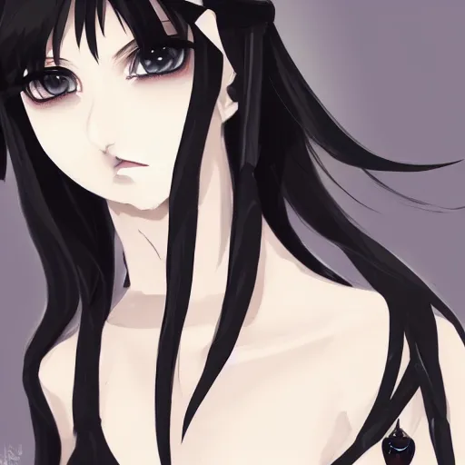 young gothic anime woman with black hair and golden