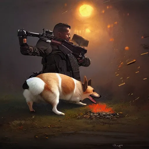 Prompt: a corgi shooting an ak 4 7 geog darrow greg rutkowski