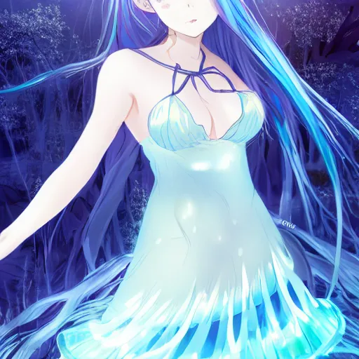Image similar to a very beautiful anime girl wearing a dress made of water standing in a crystal lake , full body, long white hair with azure blue highlights blending into the dress , azure blue watery eyes, full round face, in a bath, seductive over the shoulder glances , lens flare, cinematic lighting, medium shot, mid-shot, highly realistically detailed, trending on pixiv , Unreal Engine 4k, Stanley Artgerm Lau, WLOP, Rossdraws, James Jean, Andrei Riabovitchev, Marc Simonetti, and Sakimichan